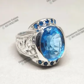 16 CT London Blue Topaz Ring, Topaz Silver Ring, Mens Topaz Ring, Handmade Blue Topaz Engraved Design Ring, Gift For Him