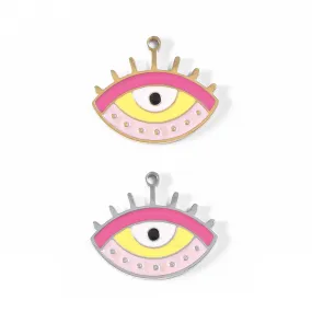 18K Gold PVD Stainless Steel Epoxy Pink and Yellow Evil Eye Charm / PDL0010