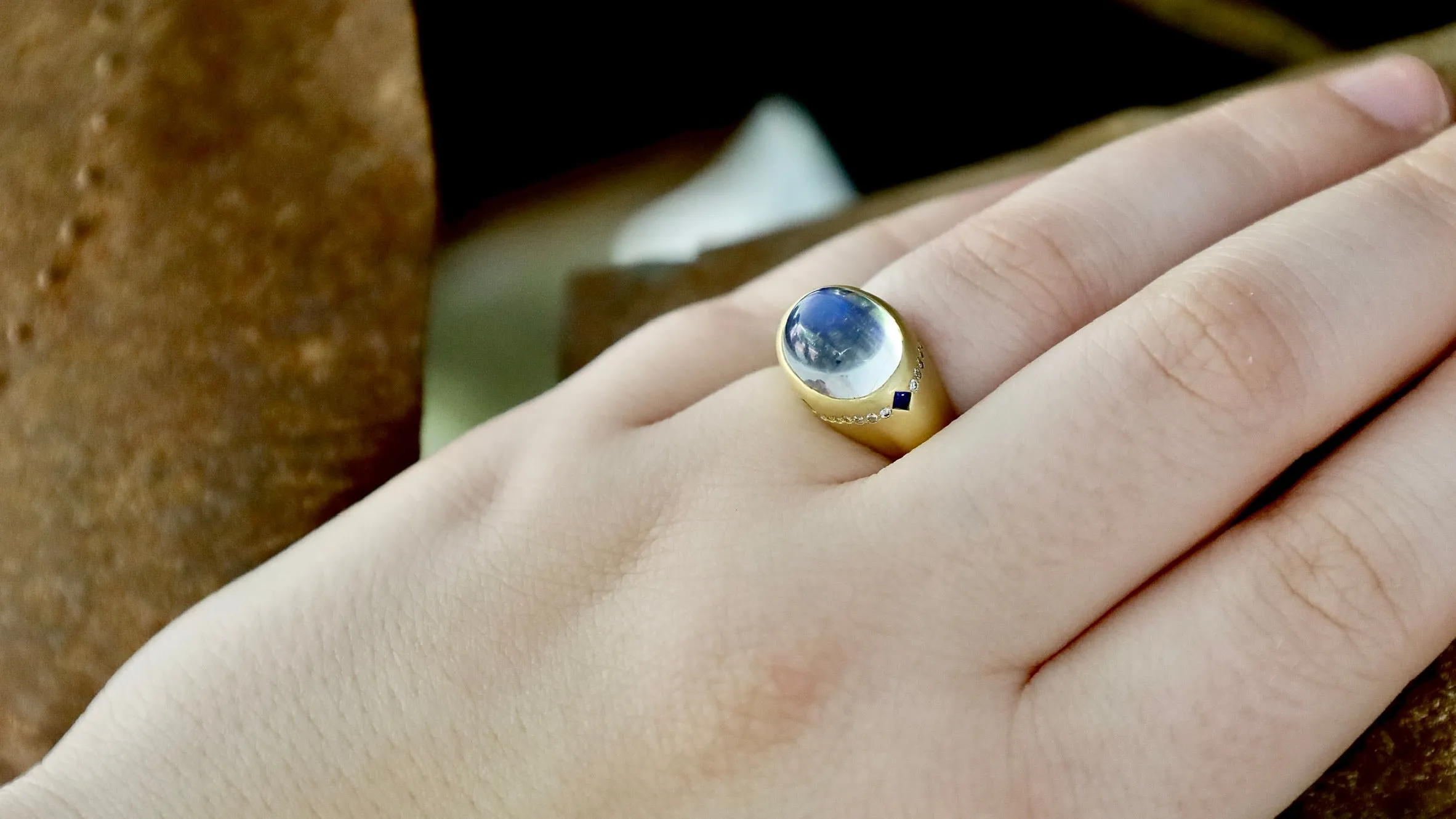 18K Yellow Gold Moonstone, Sapphire, and Diamond Ring