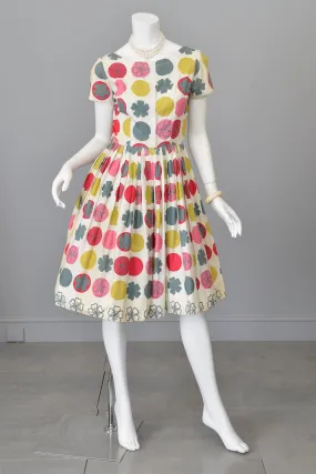 1950s Retro Novelty Print Dots Clovers Flowers 50s Dress