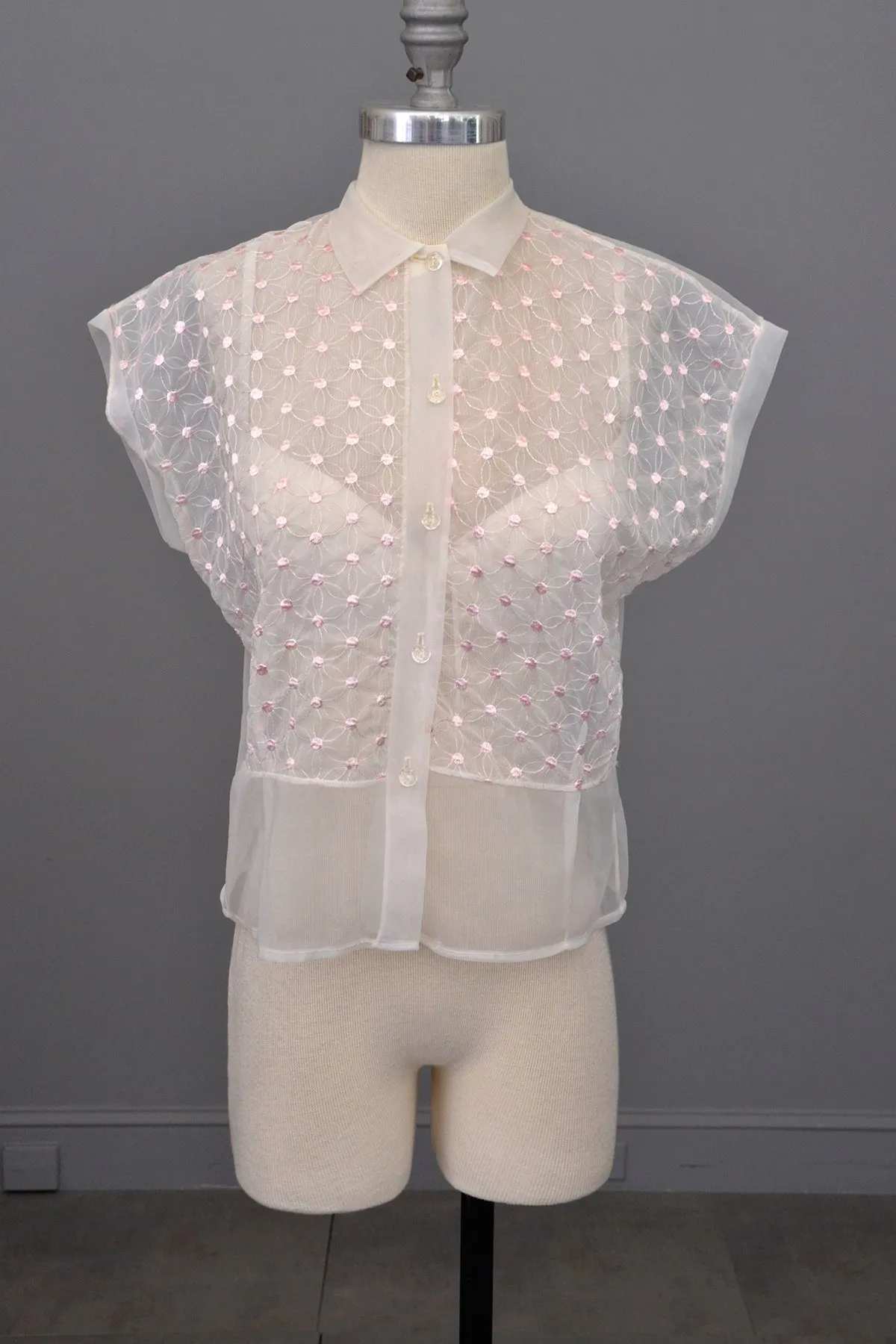 1950s Sheer White Nylon Blouse w Pink Embroidered Flower Dots