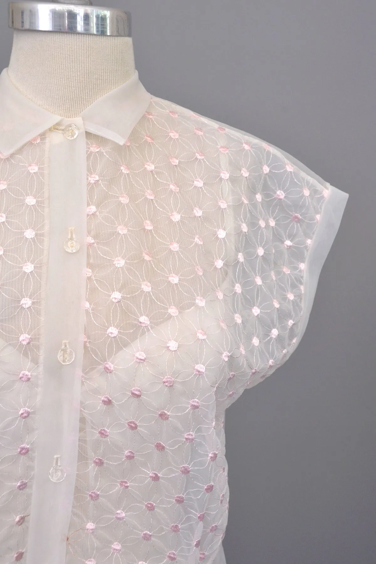 1950s Sheer White Nylon Blouse w Pink Embroidered Flower Dots