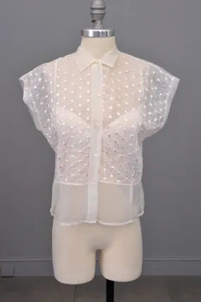 1950s Sheer White Nylon Blouse w Pink Embroidered Flower Dots