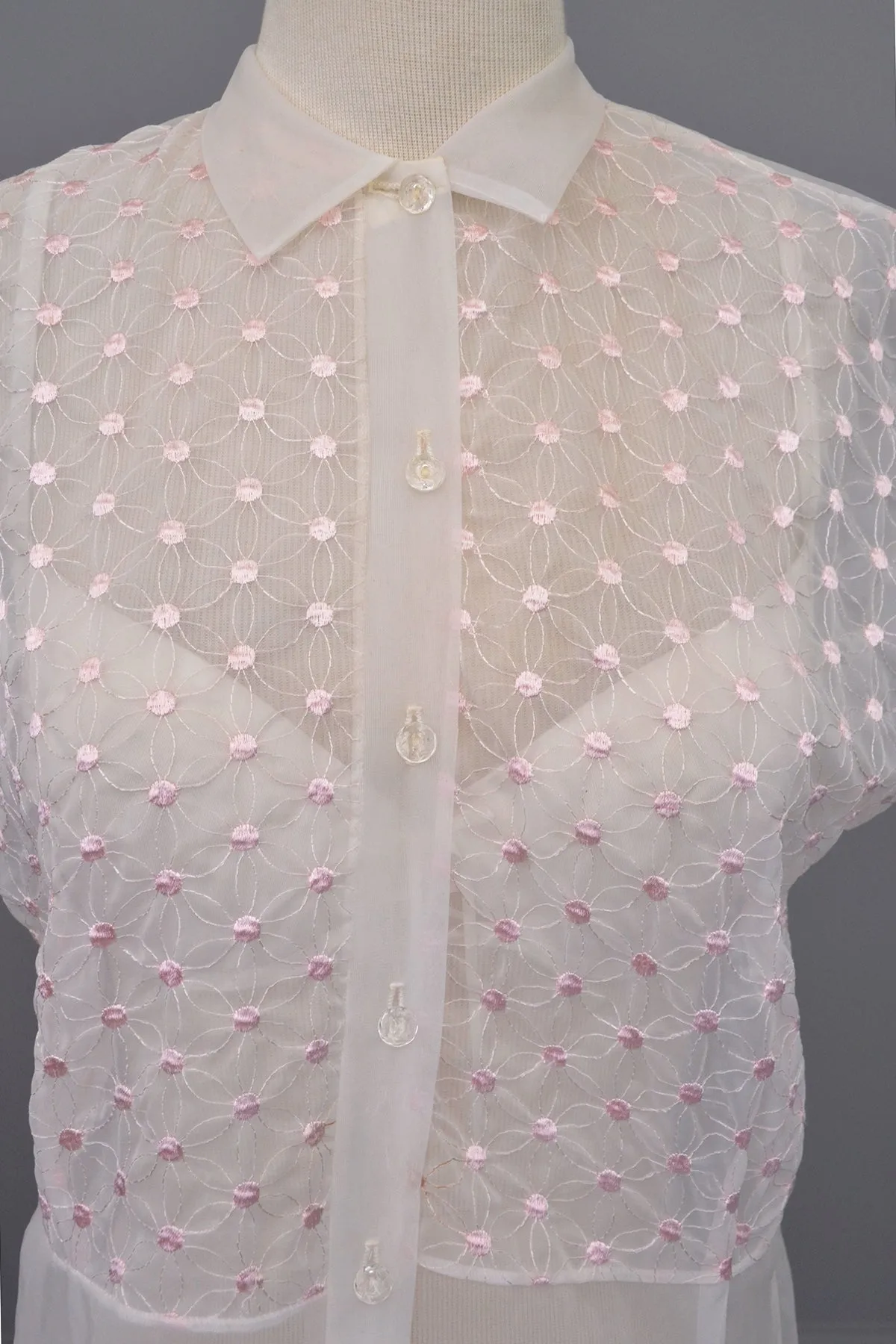 1950s Sheer White Nylon Blouse w Pink Embroidered Flower Dots