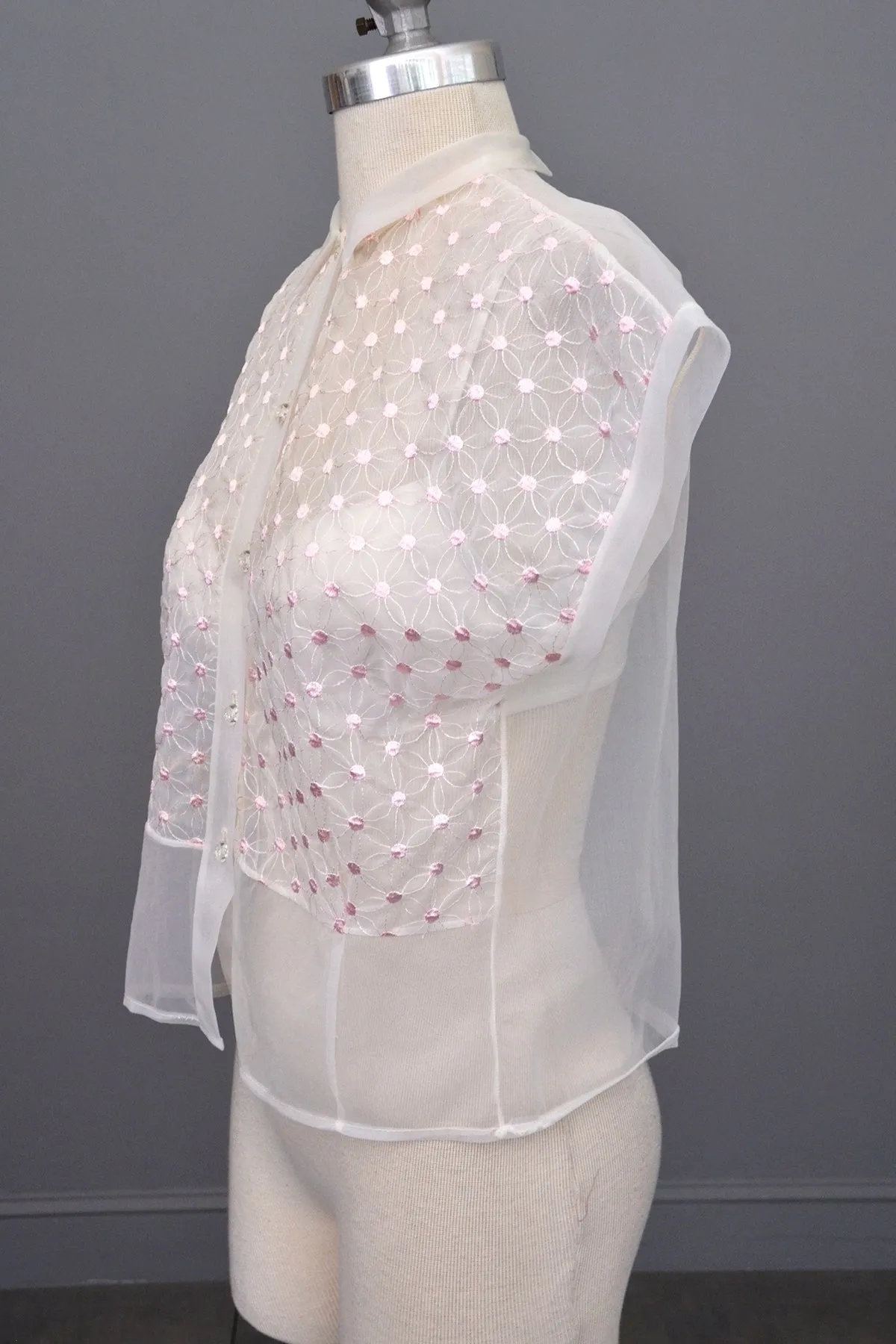 1950s Sheer White Nylon Blouse w Pink Embroidered Flower Dots