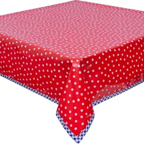 48 x 48 Dot White on Red Oilcloth Tablecloth with Navy Gingham Trim