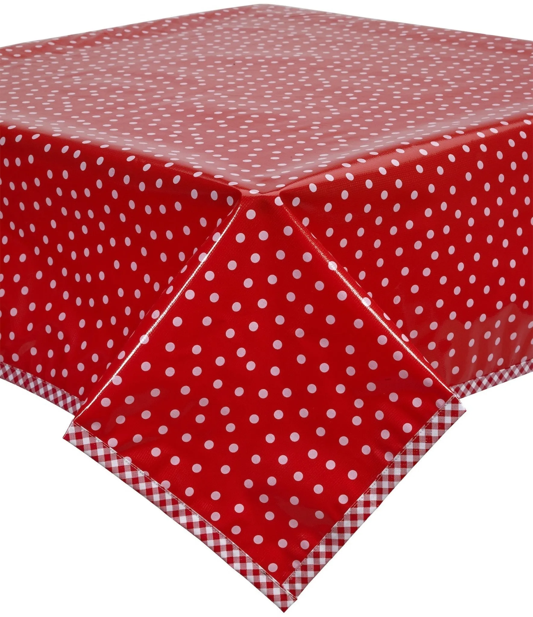 55 x 55 Dot White on Red Oilcloth Tablecloth with Red Gingham Trim