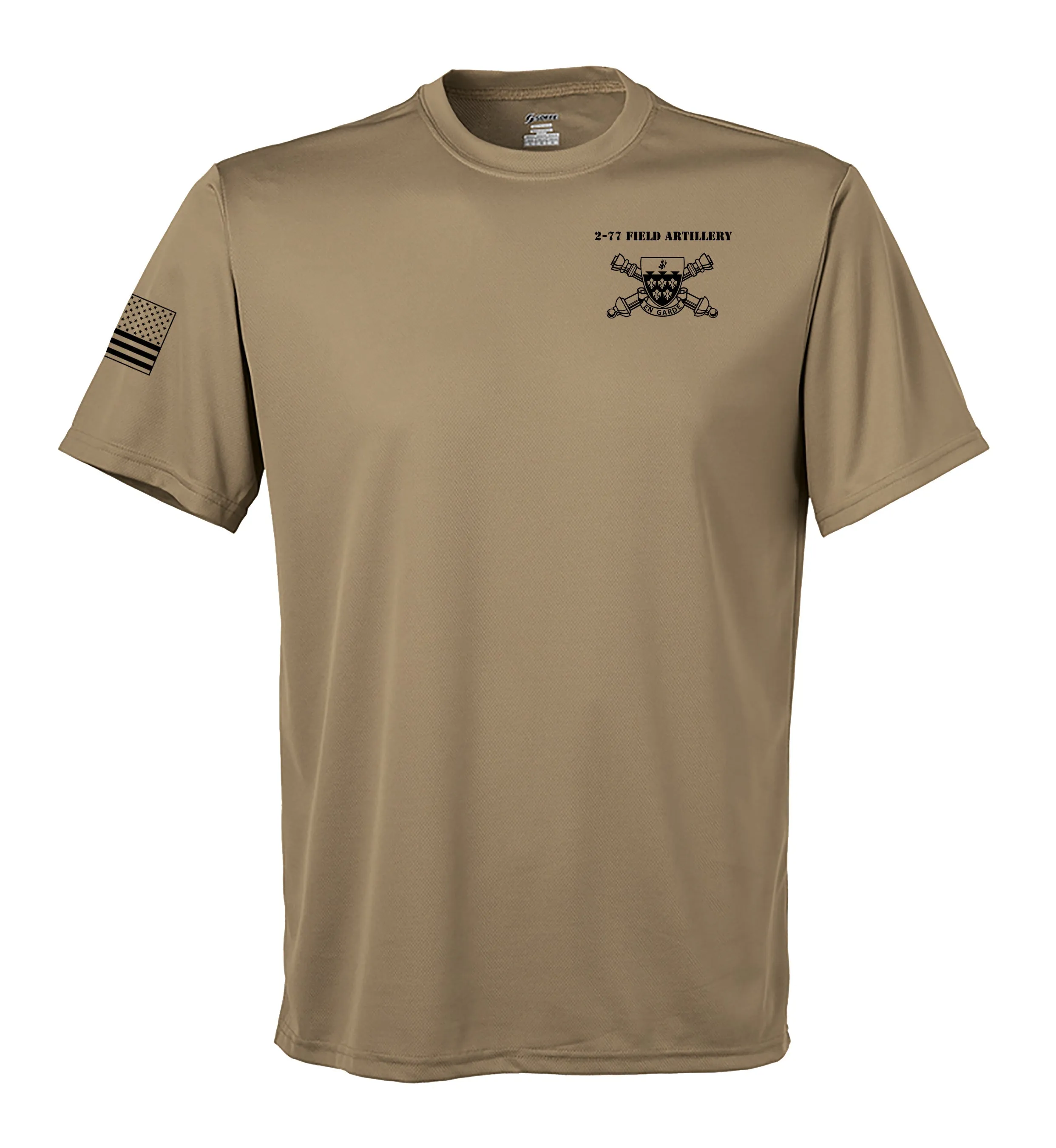 Alpha Battery Performance Coyote Tan Closed Mesh Unisex Shirt (Black Design). This shirt is NOT approved for PT