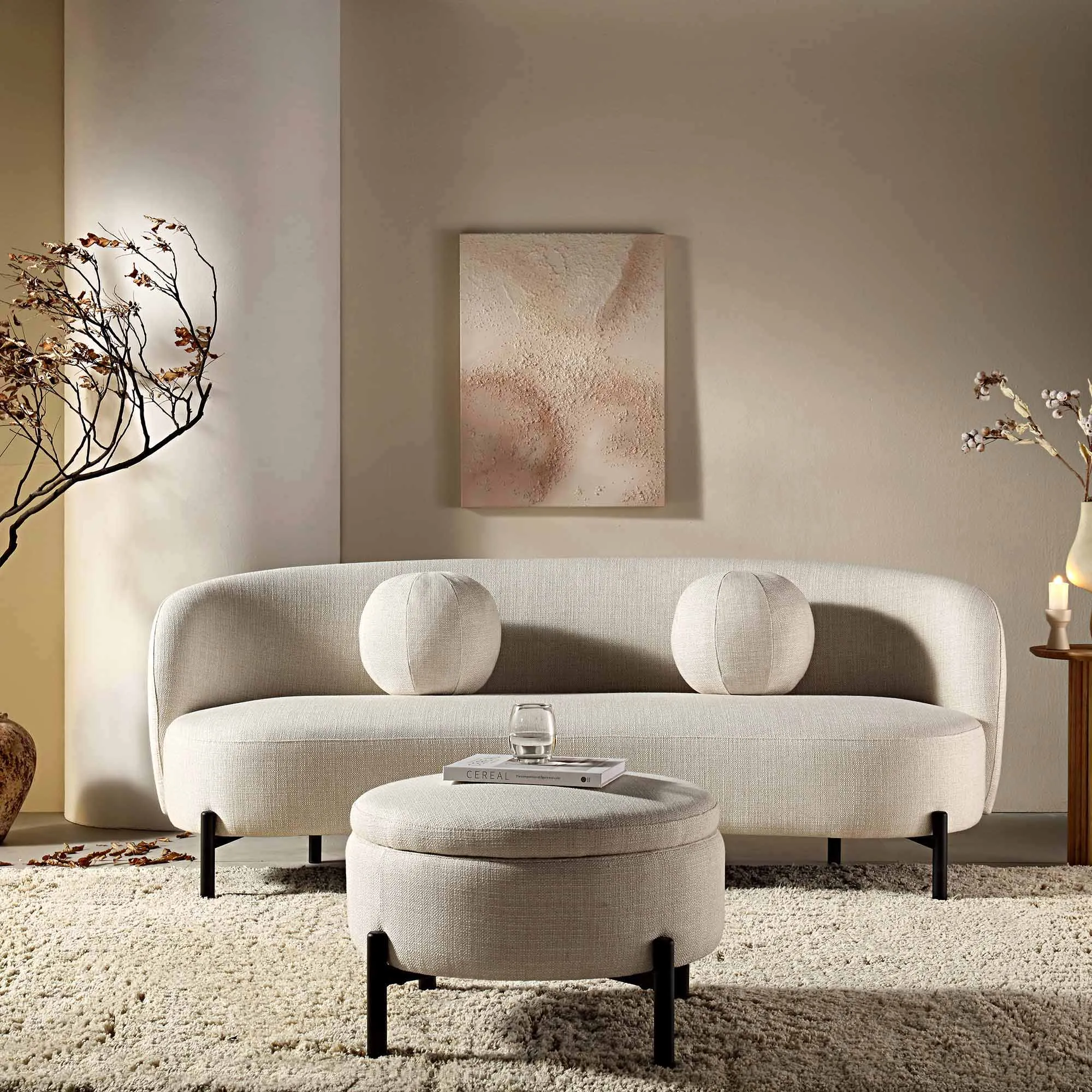 Amboise 3-Seater Curved Sofa with Ball Cushions, Beige Linen Blend