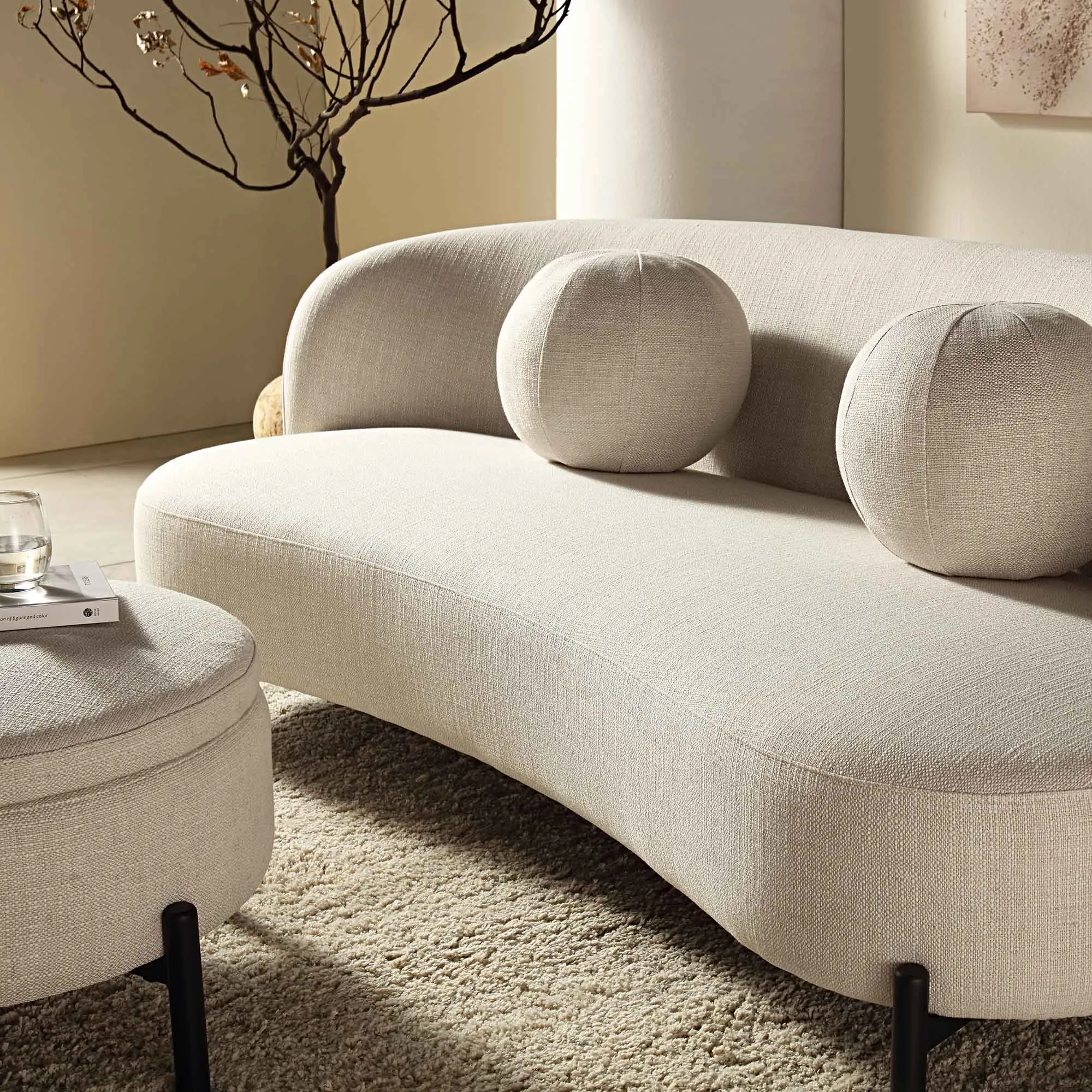 Amboise 3-Seater Curved Sofa with Ball Cushions, Beige Linen Blend