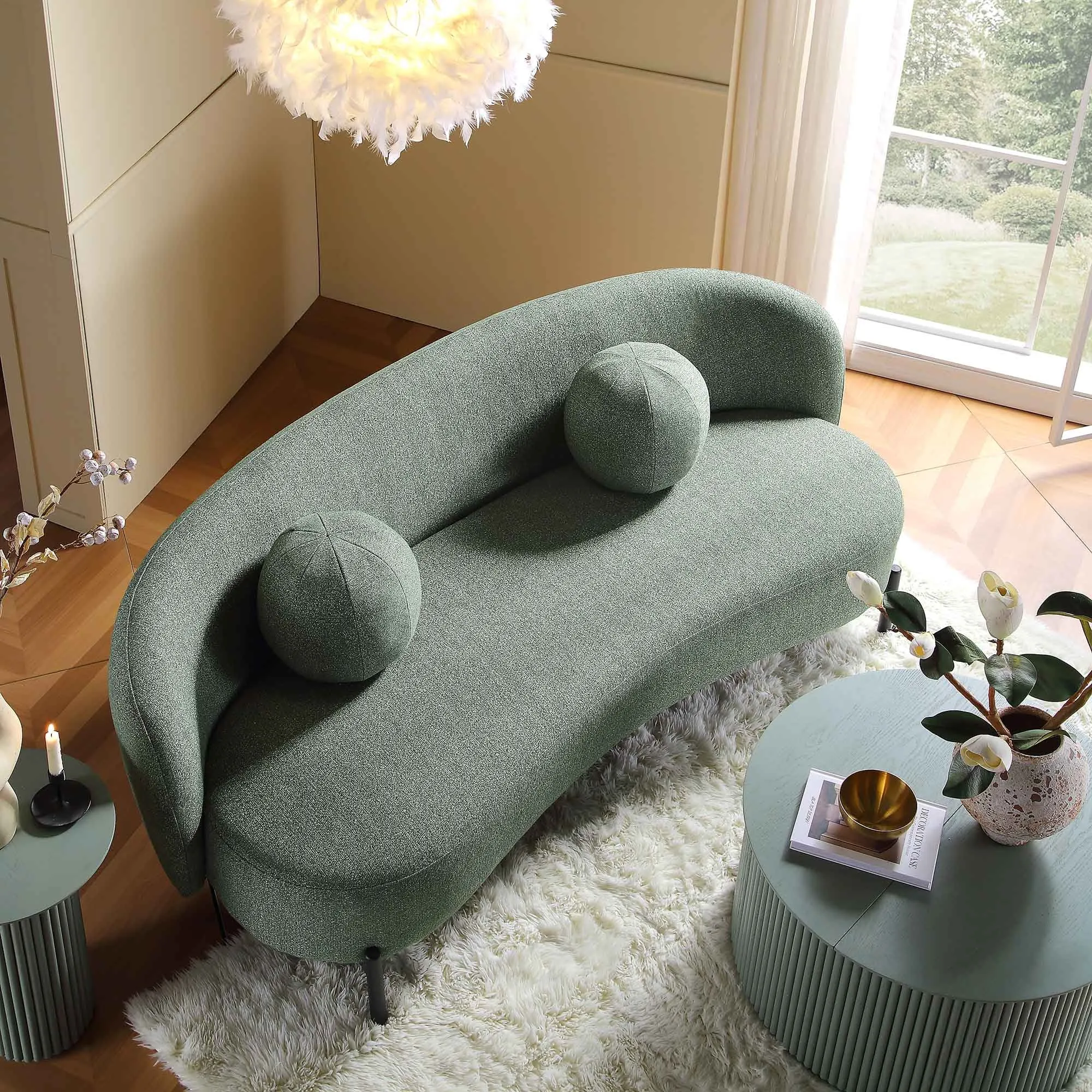 Amboise 3-Seater Curved Sofa with Ball Cushions, Spruce Green Textured Fabric