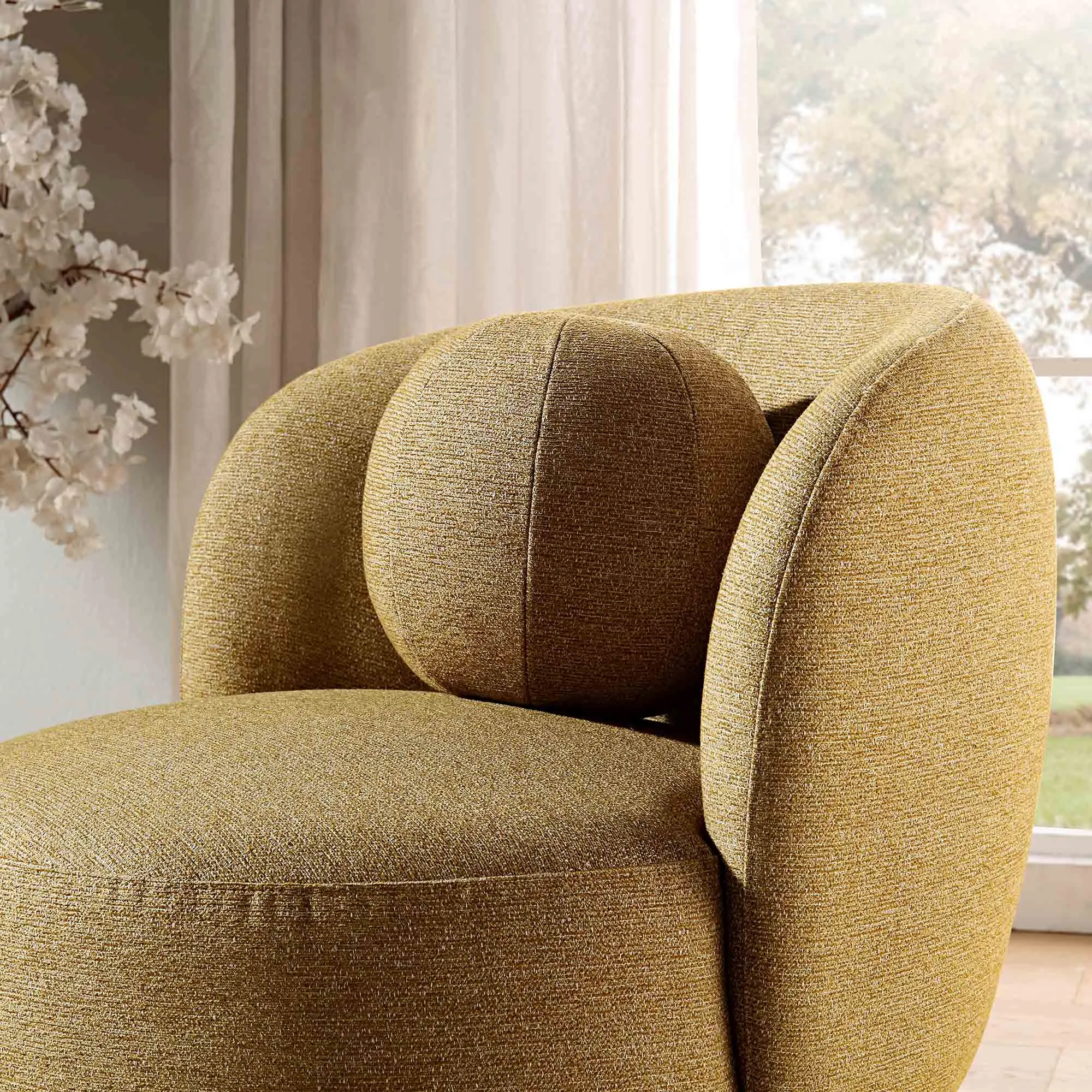 Amboise Armchair with Ball Cushion, Marigold Textured Fabric