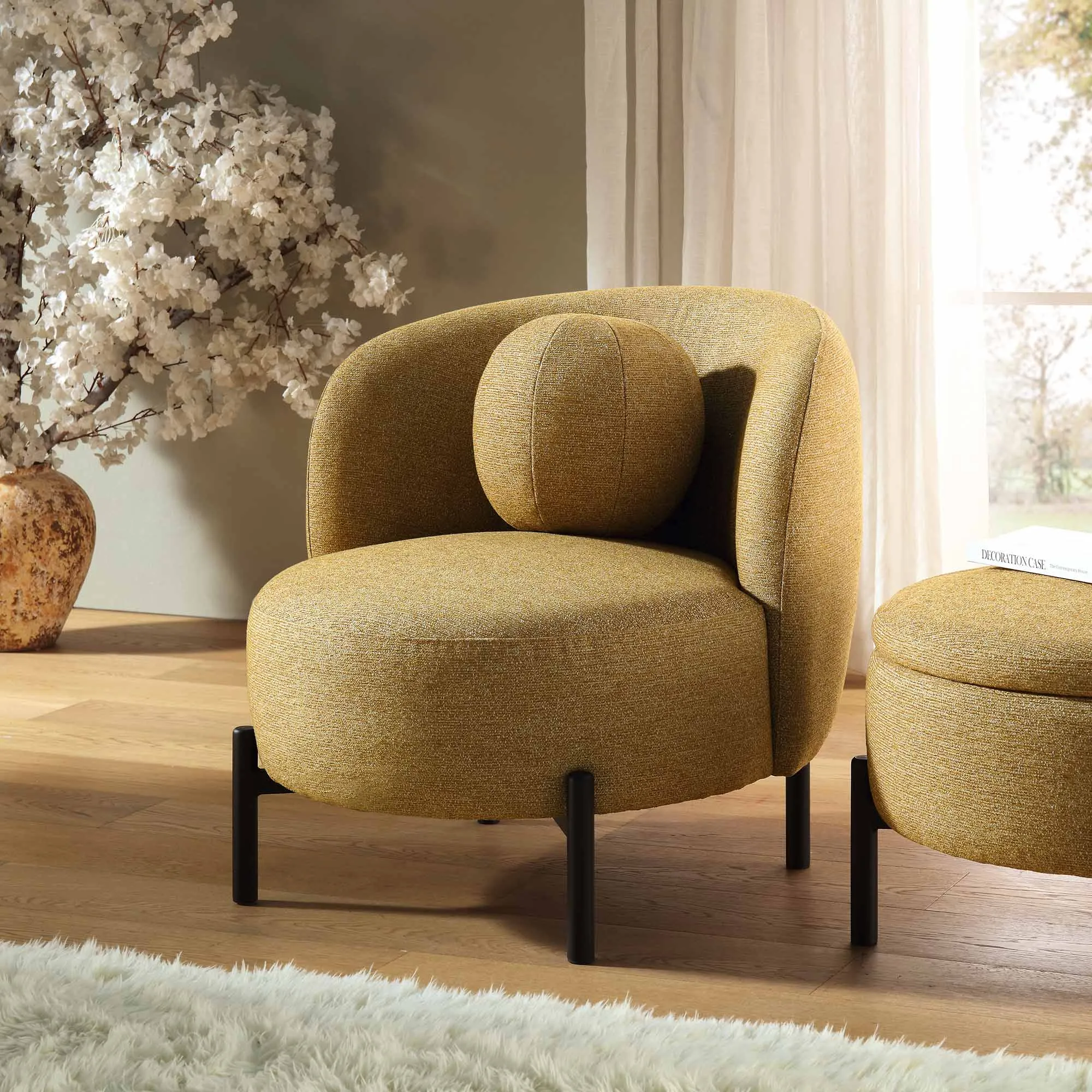 Amboise Armchair with Ball Cushion, Marigold Textured Fabric