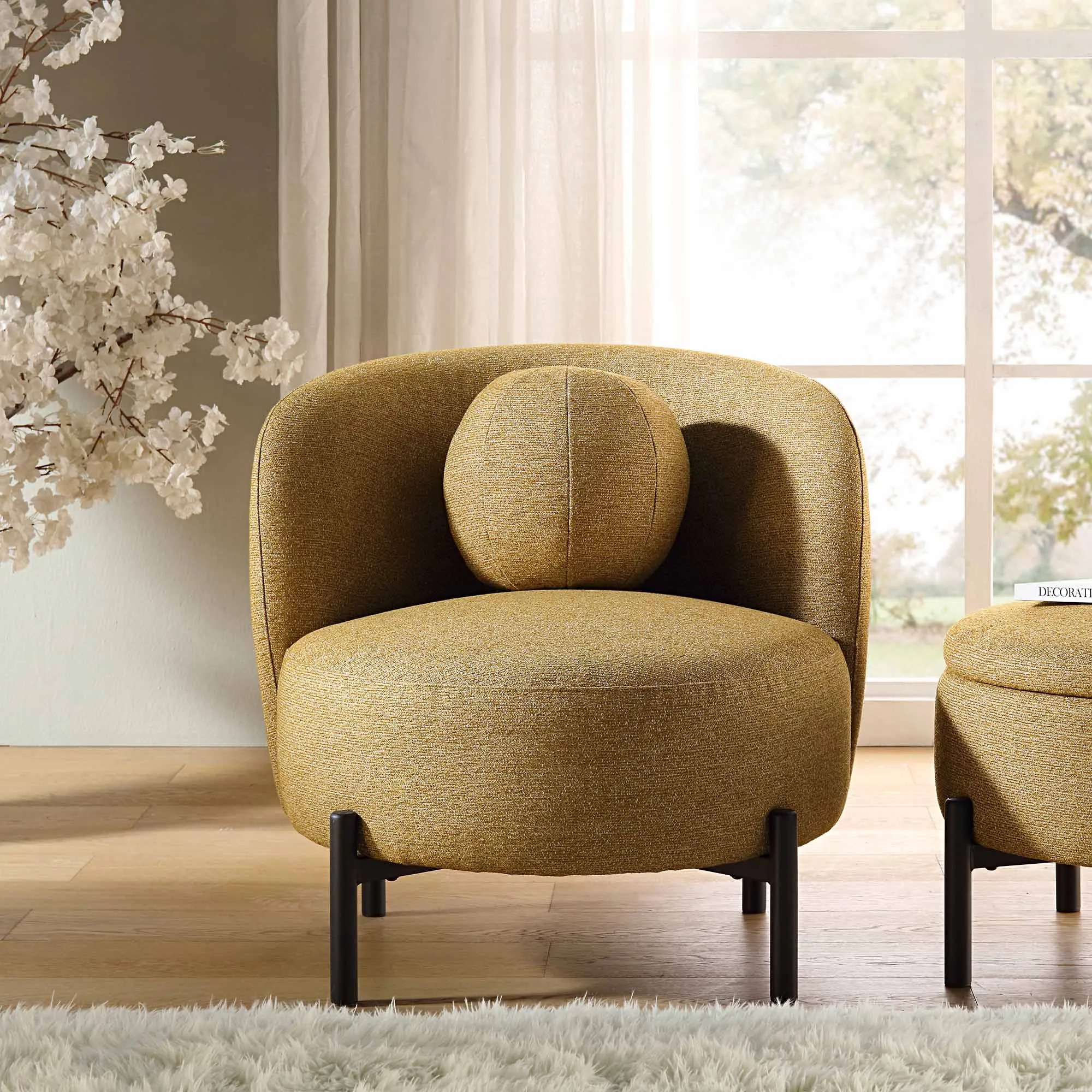 Amboise Armchair with Ball Cushion, Marigold Textured Fabric