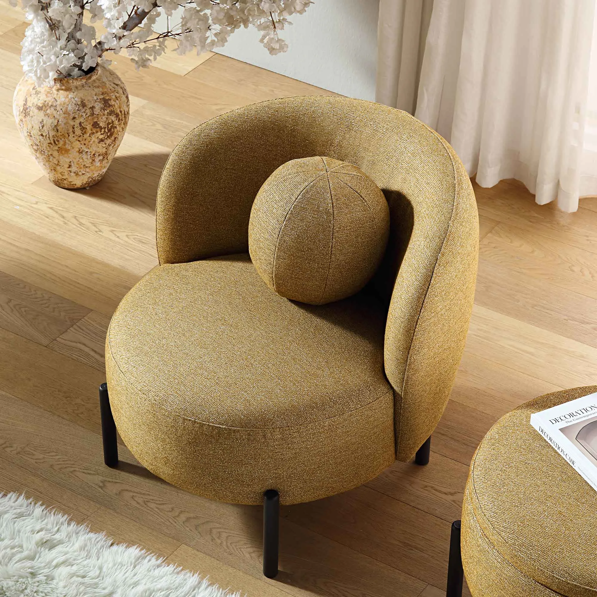 Amboise Armchair with Ball Cushion, Marigold Textured Fabric