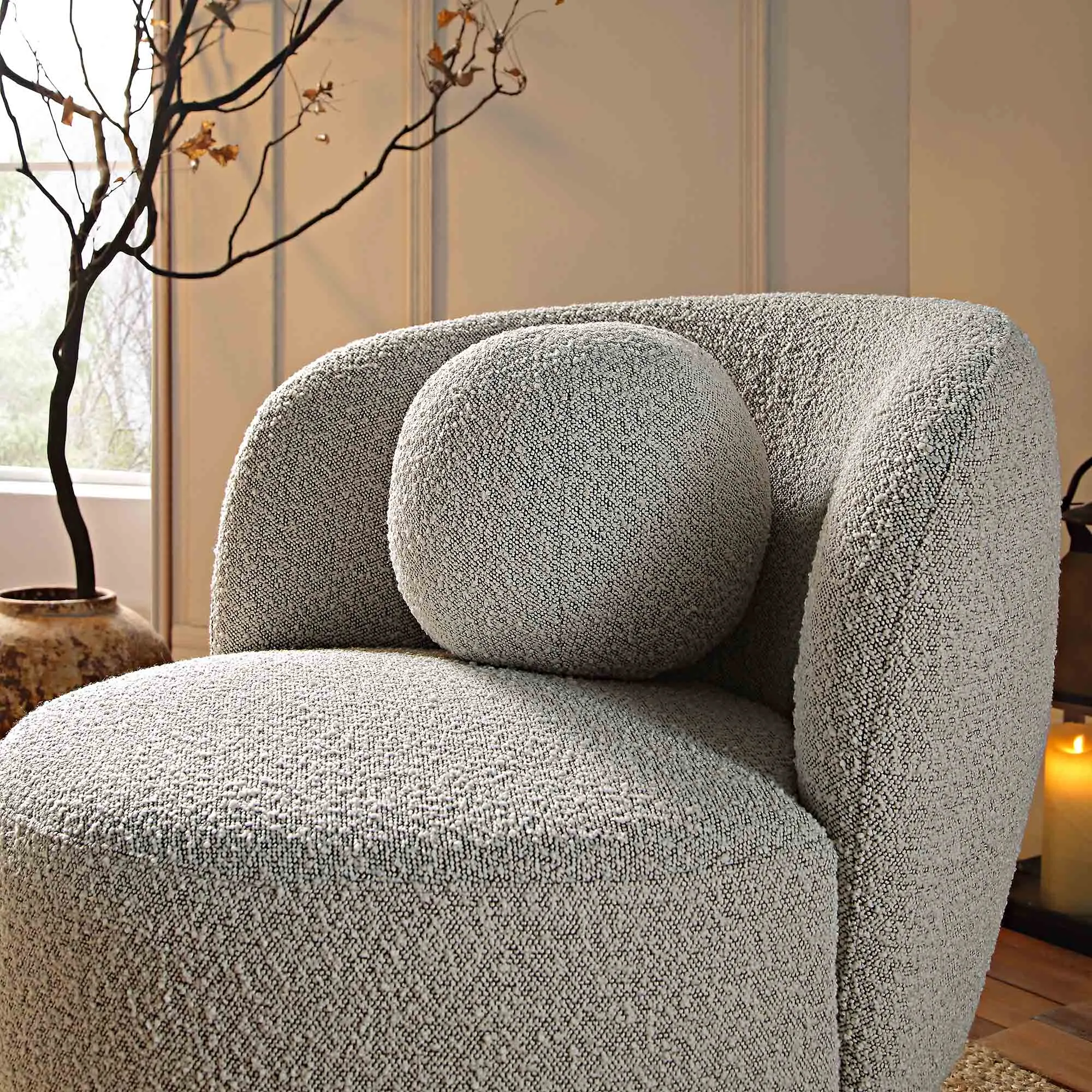 Amboise Armchair with Ball Cushion, Mist Grey Boucle