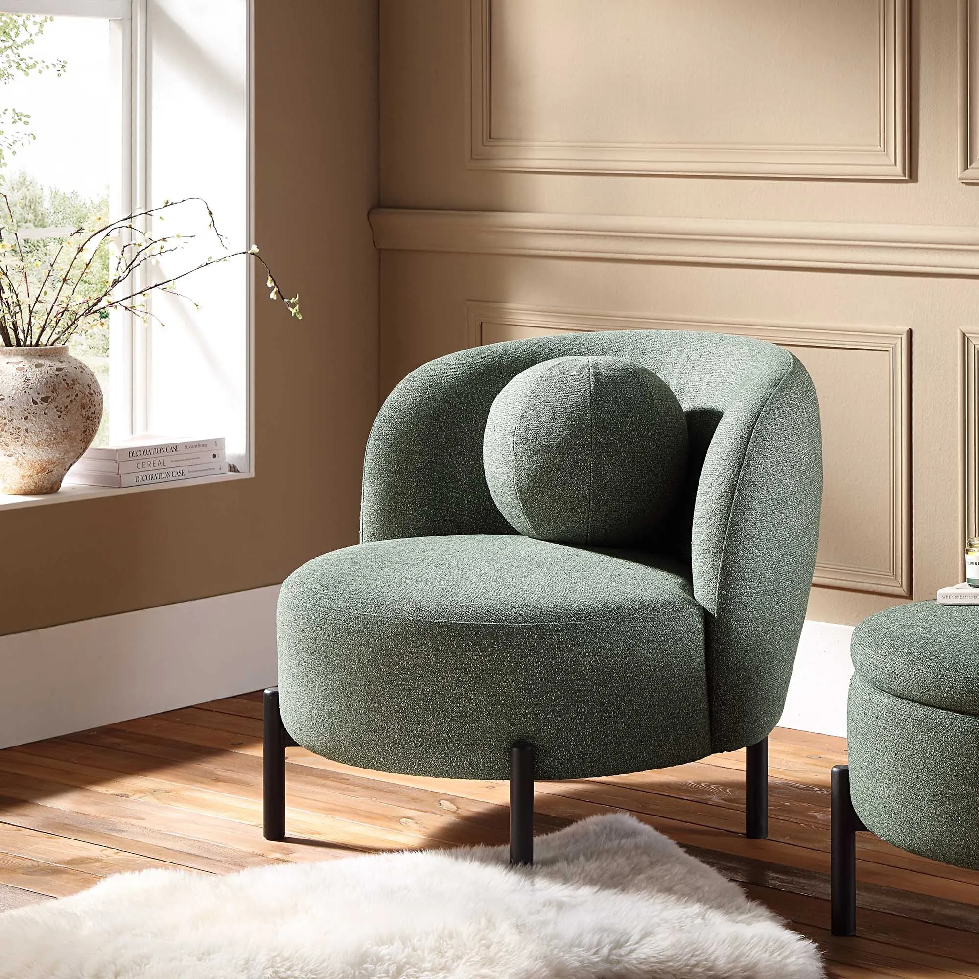 Amboise Armchair with Ball Cushion, Spruce Green Textured Fabric