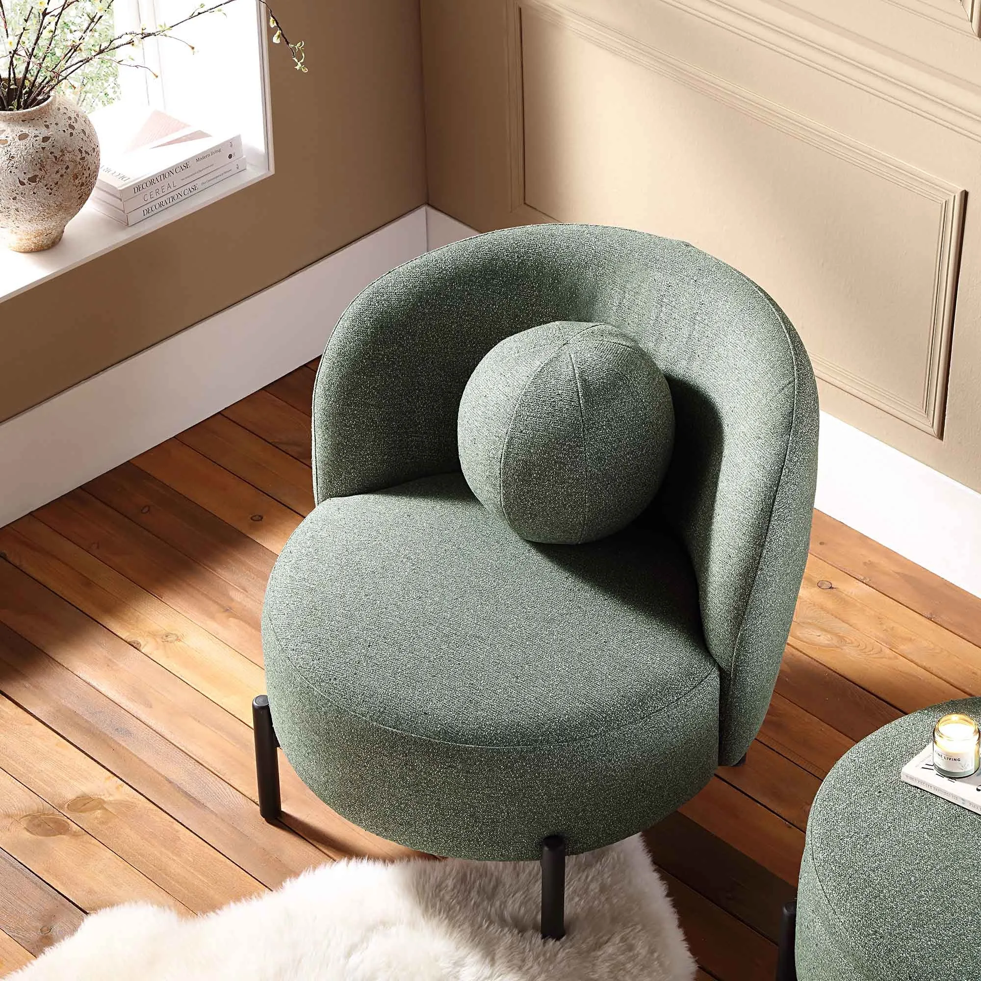 Amboise Armchair with Ball Cushion, Spruce Green Textured Fabric