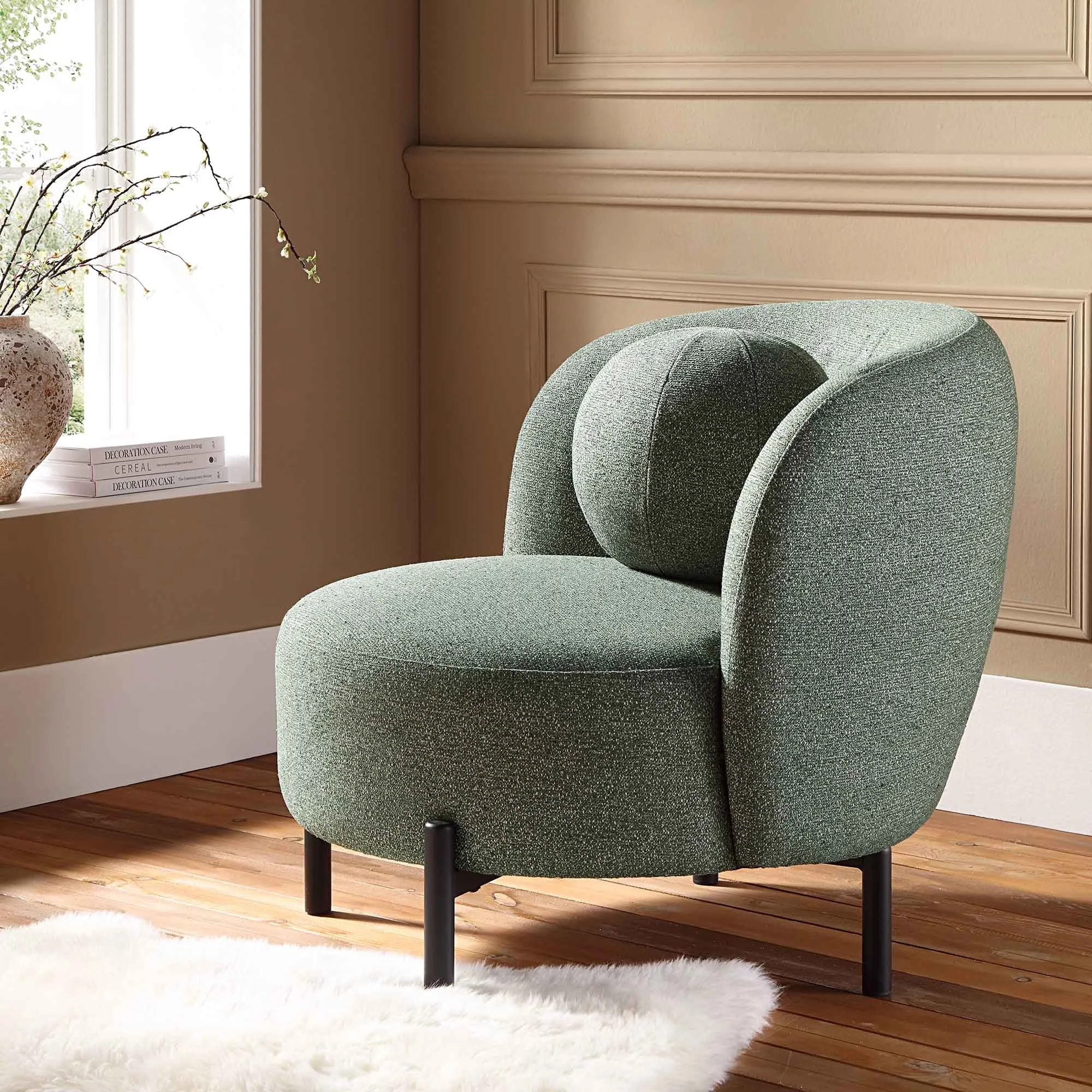 Amboise Armchair with Ball Cushion, Spruce Green Textured Fabric