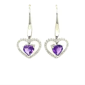 Amethyst and Diamond Heart Shaped Dangle Earrings