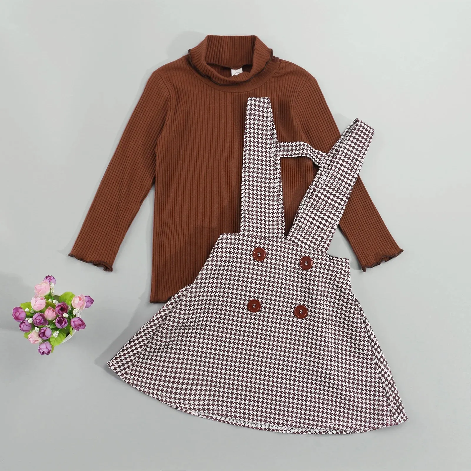 Autumn Chic Girls 2-Piece Turtleneck Top and Plaid Suspender Skirt Set for Kids 1-6Y