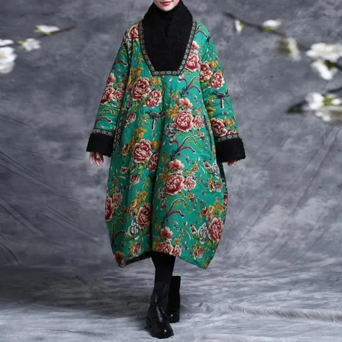 Babakud Women Winter Ethnic Flower Cotton Long Coat