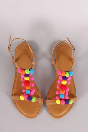 Bamboo Cluster Pom Pom Open Toe Flat Sandal