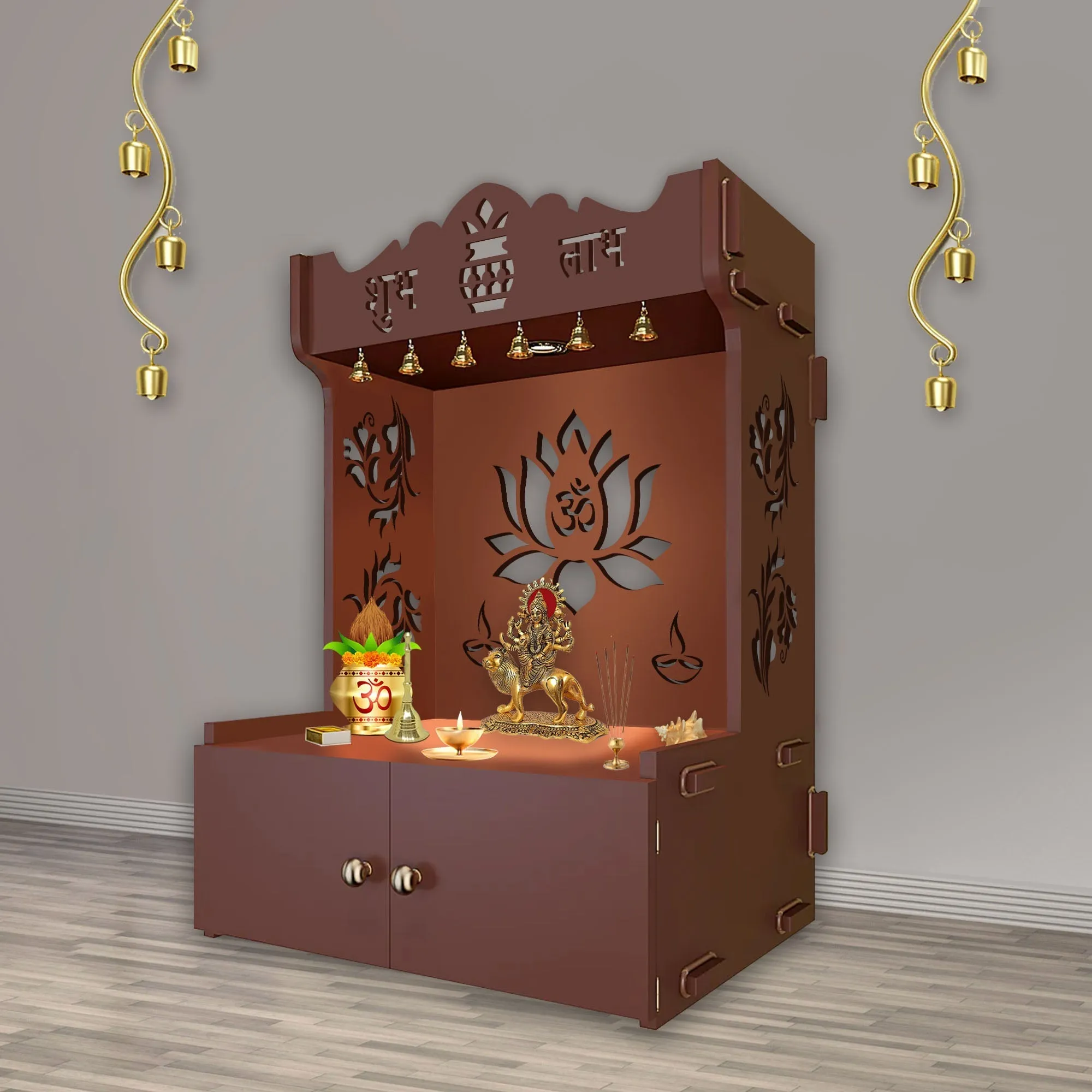 Beautiful Lotus Pattern Floor Temple with Spacious Wooden Shelf & Inbuilt Focus Light- Brown Finish