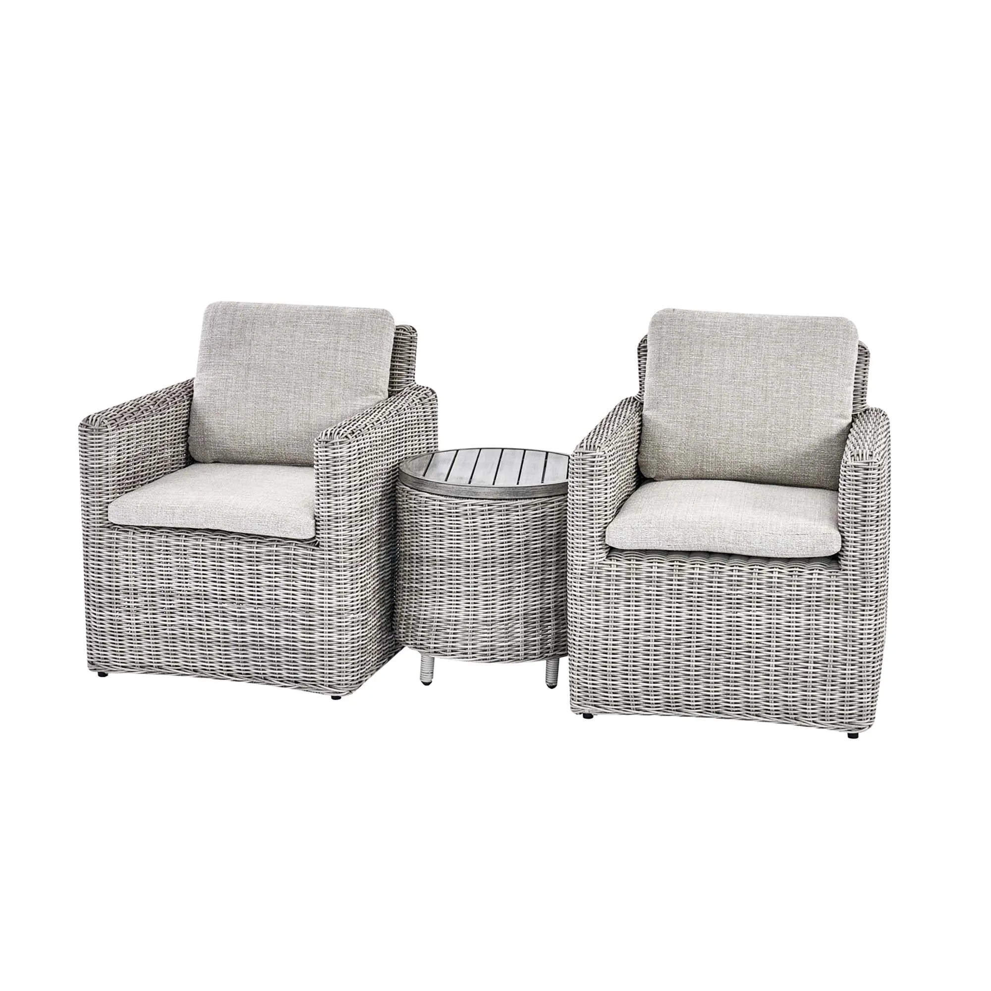 Bellagio Round Wicker Bistro Set with Rising Side Table, Light Grey