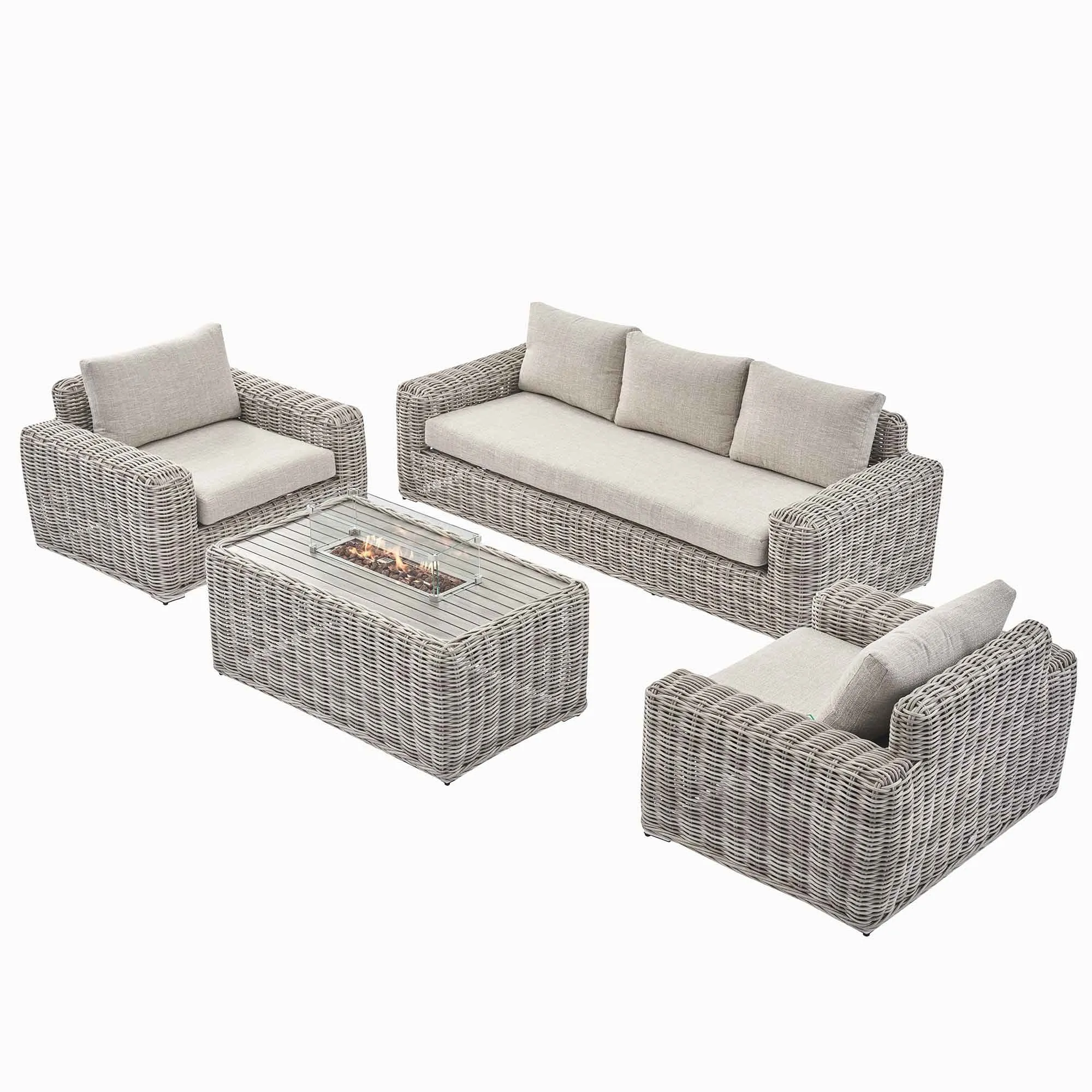 Bellagio Round Wicker Sofa Set with Firepit Coffee Table, Light Grey