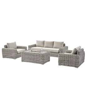 Bellagio Round Wicker Sofa Set with Firepit Coffee Table, Light Grey