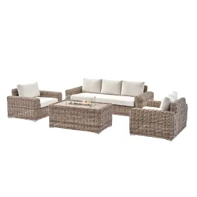 Bellagio Round Wicker Sofa Set with Firepit Coffee Table, Natural