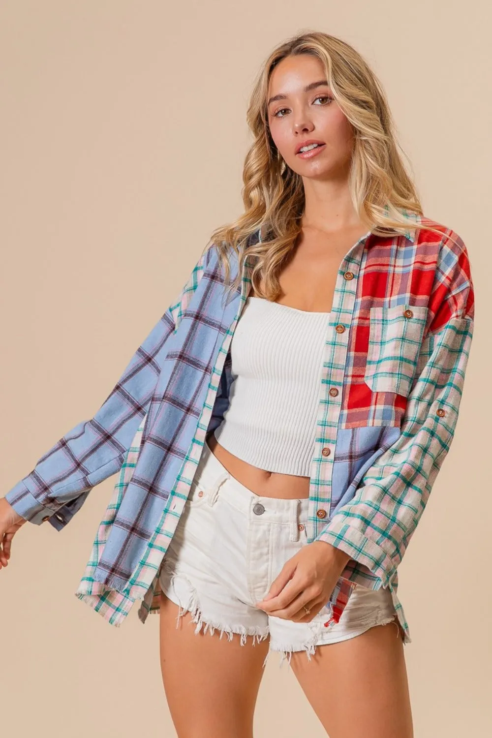 BiBi Color Block Plaid Button Down Shirt