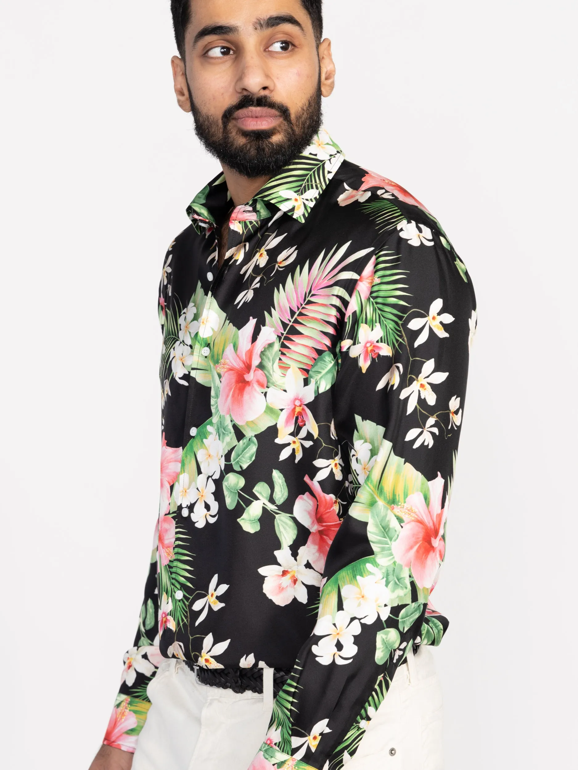 Black Botanical Print Silk Twill Shirt