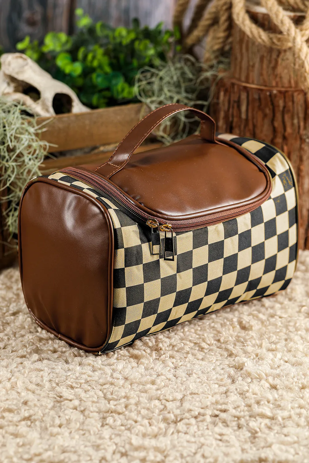 Black Checkered PU Leather Zipper Makeup Bag