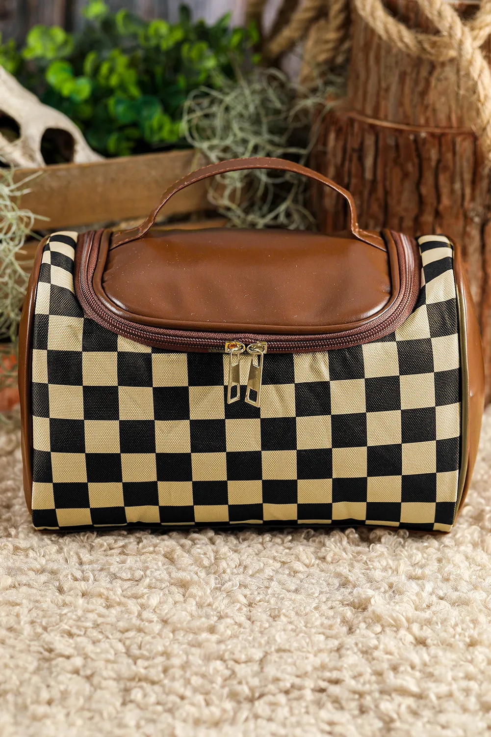 Black Checkered PU Leather Zipper Makeup Bag