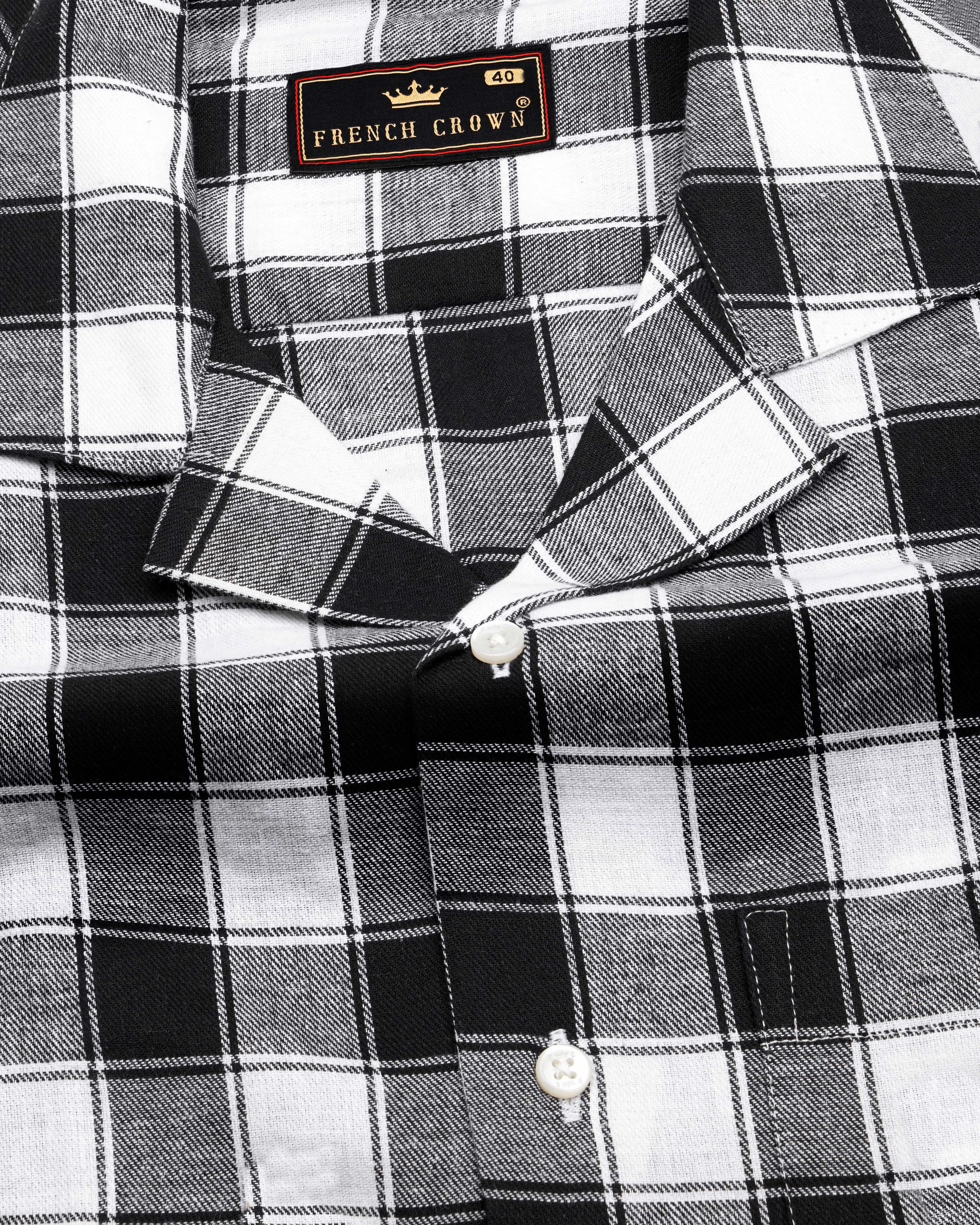 Bright White and Black Checked Dobby Textured Premium Giza Cotton Shirt