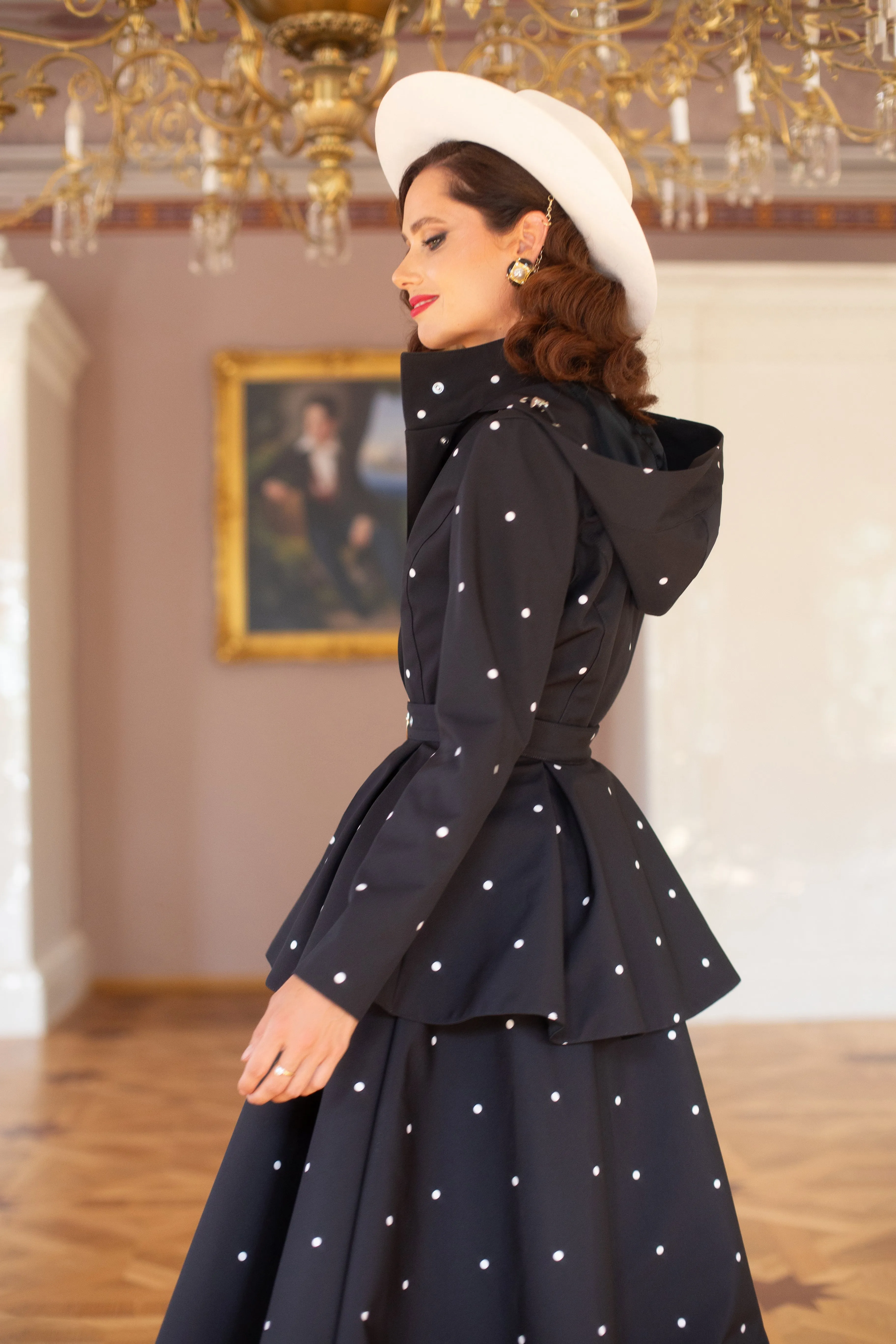 Buckle Belt with Peplum Detail in Black with White Dots | Timeless Polka Dots