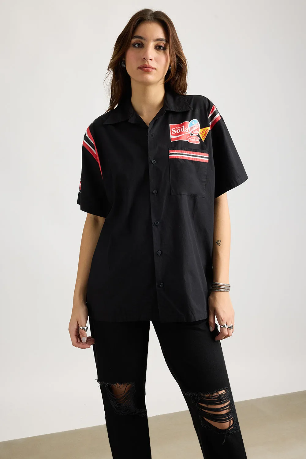 Cotton Poplin Women's Garage Shirt - Black With Sleeve Stripes