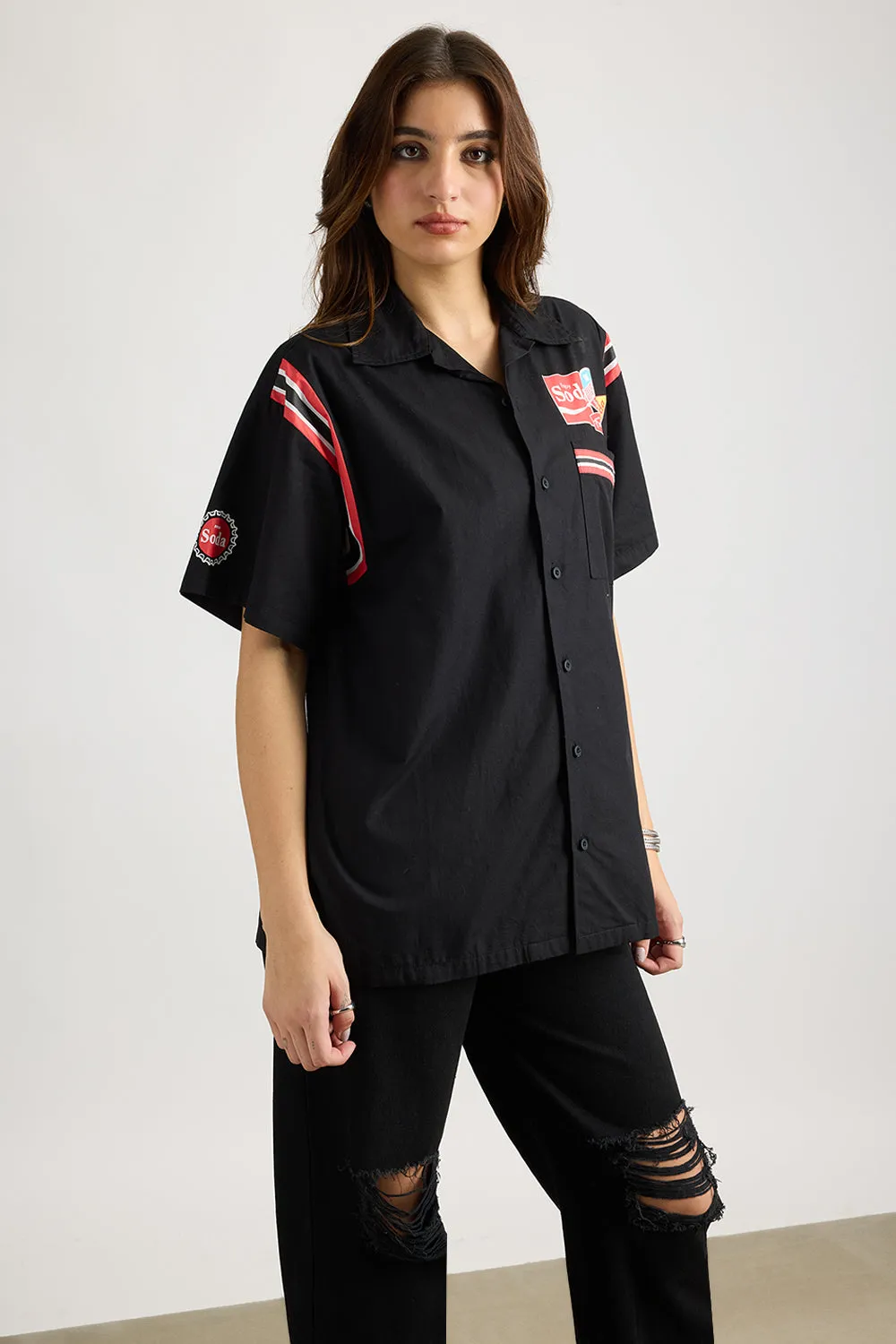 Cotton Poplin Women's Garage Shirt - Black With Sleeve Stripes