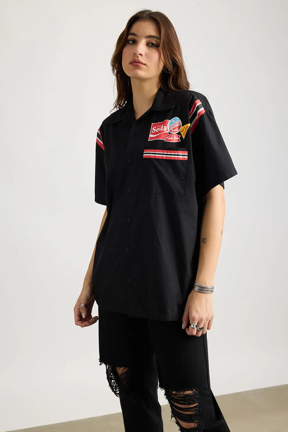 Cotton Poplin Women's Garage Shirt - Black With Sleeve Stripes