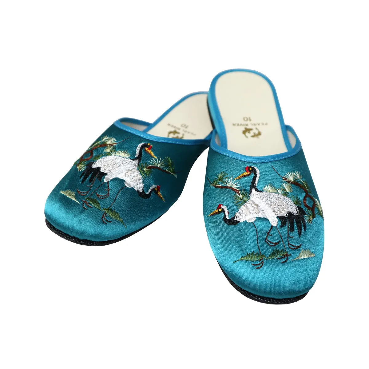 Crane Embroidery Satin Slippers