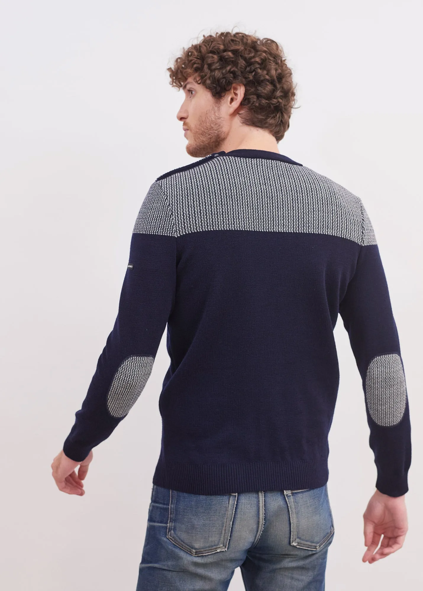 Dinan bicolour sailor jumper - with jacquard elbow patches, in pure new wool (MARINE/ECRU)