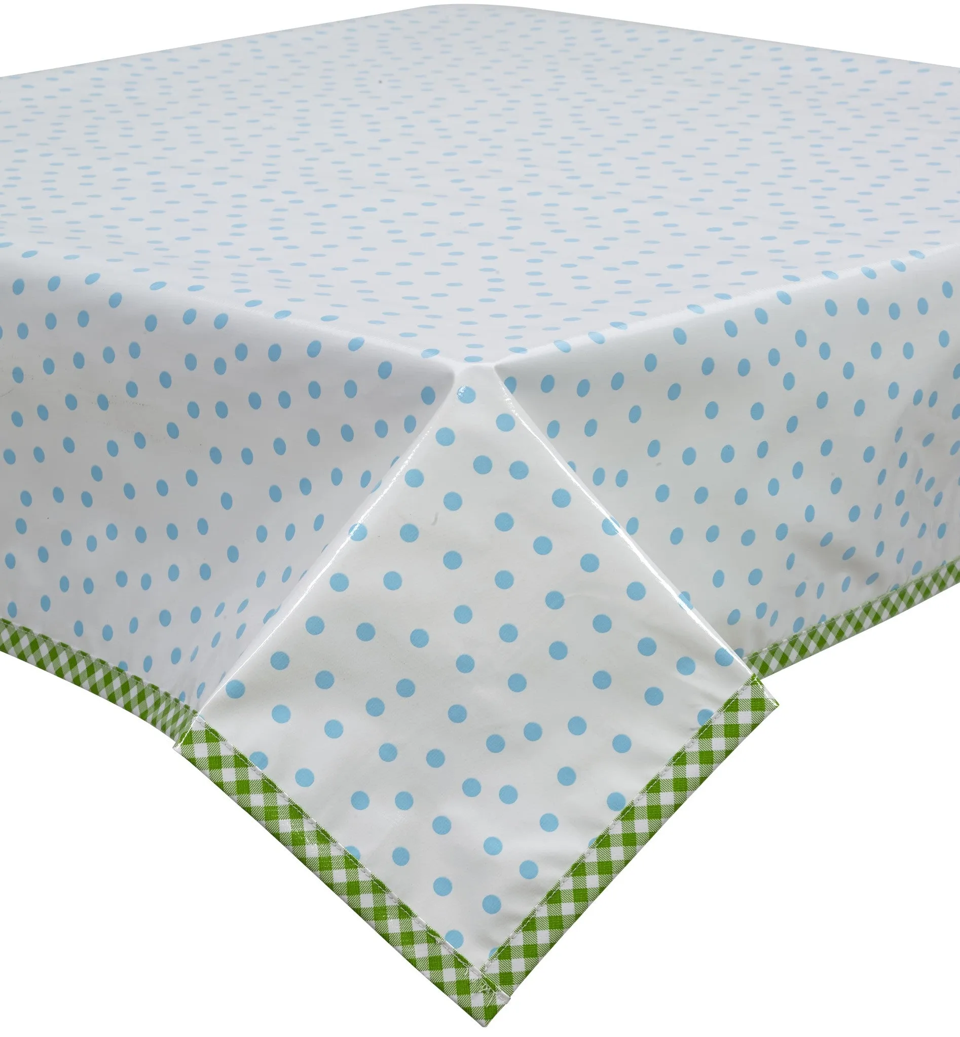 Dot Light Blue Oilcloth Tablecloth with Lime Gingham Trim