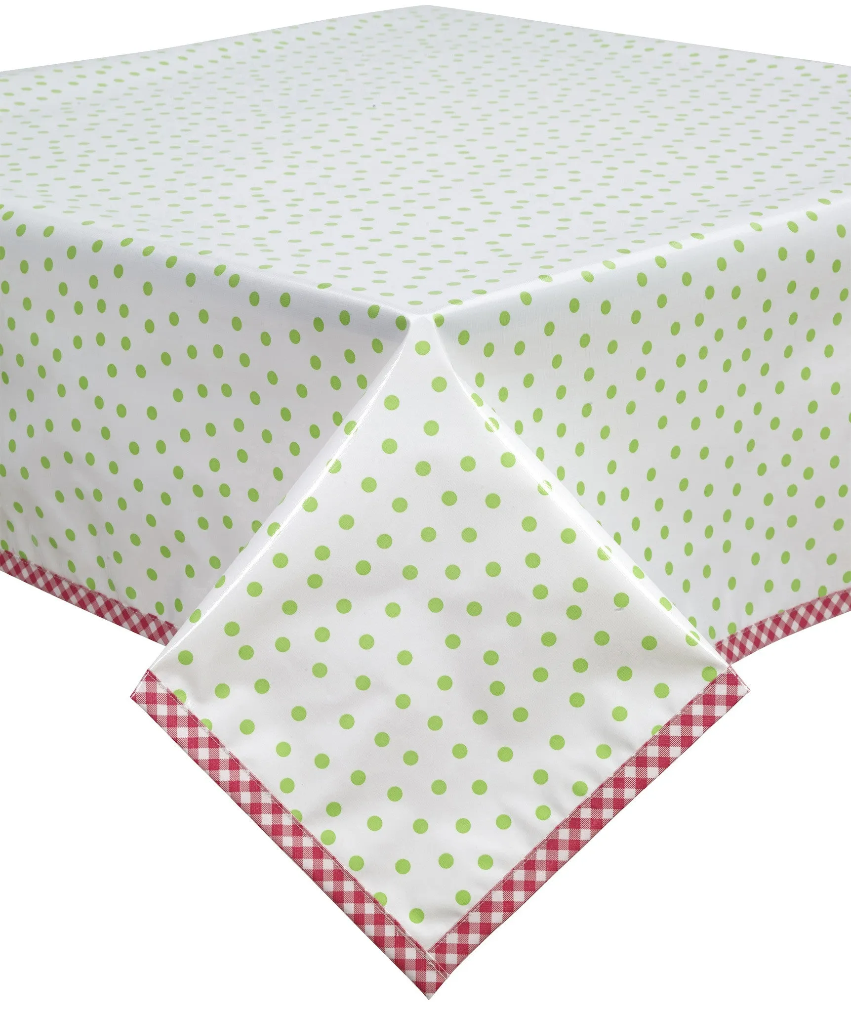 Dot Lime Oilcloth Tablecloth with Pink Gingham Trim