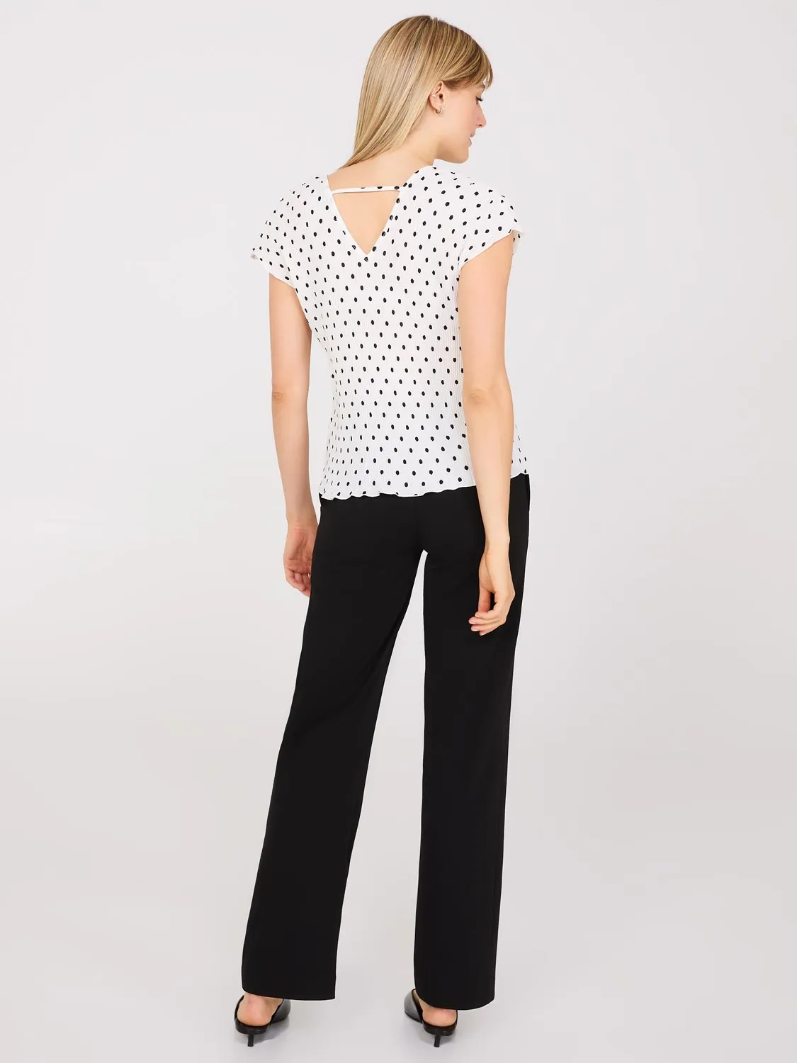 Dot Print V-Neck Pleated Top