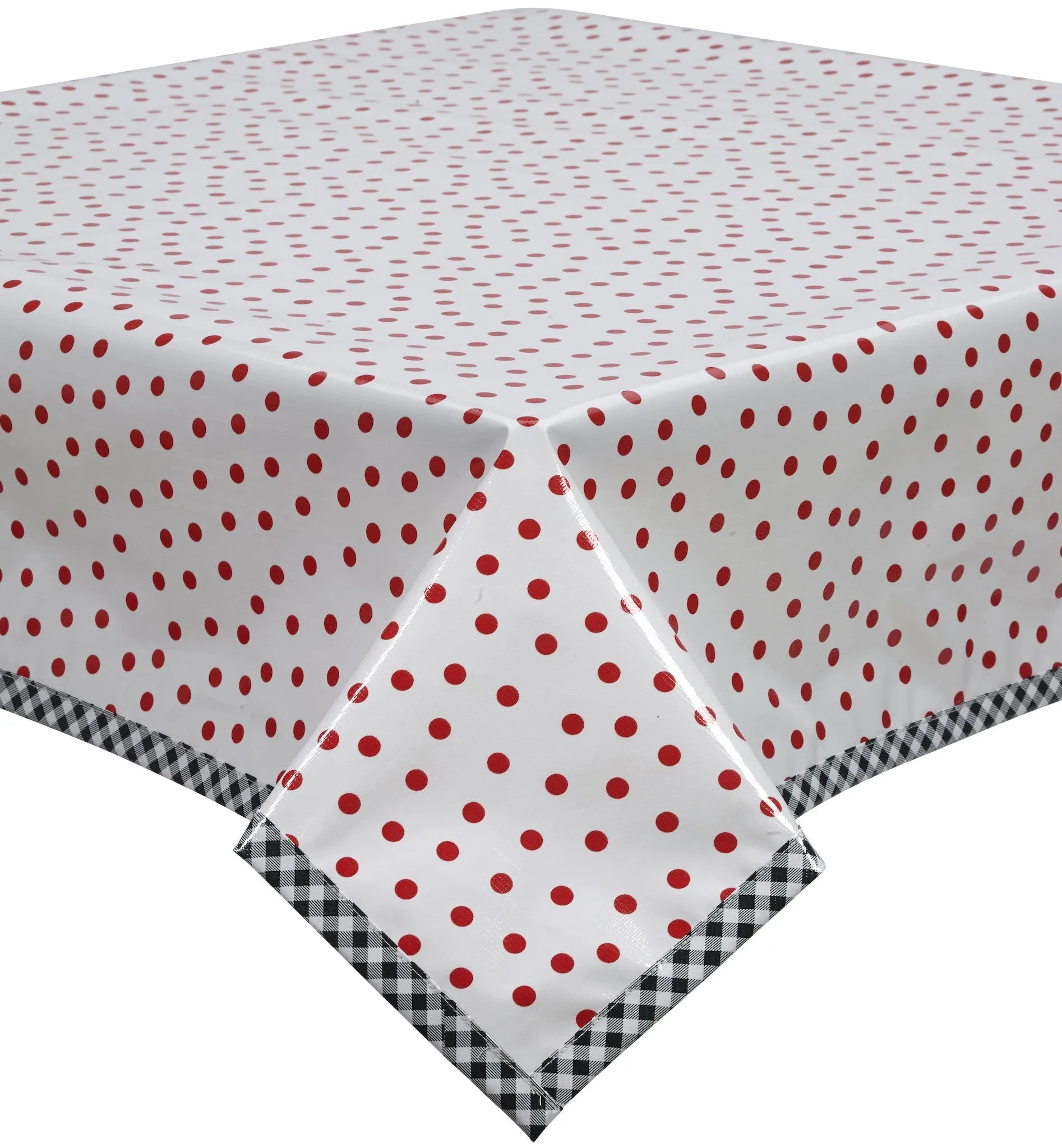 Dot Red Oilcloth Tablecloth with Black Gingham Trim