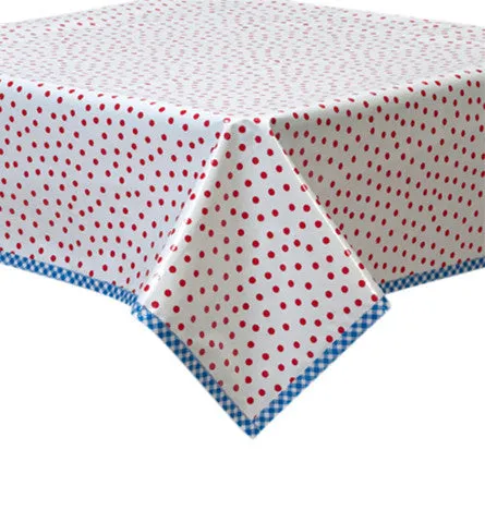 Dot Red Oilcloth Tablecloth with Blue Gingham Trim