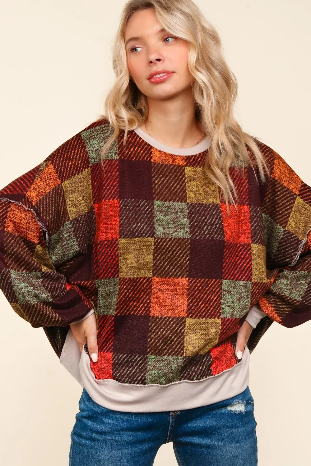 DROP SHOULDER COLOR BLOCK PLAID CHECK PRINT