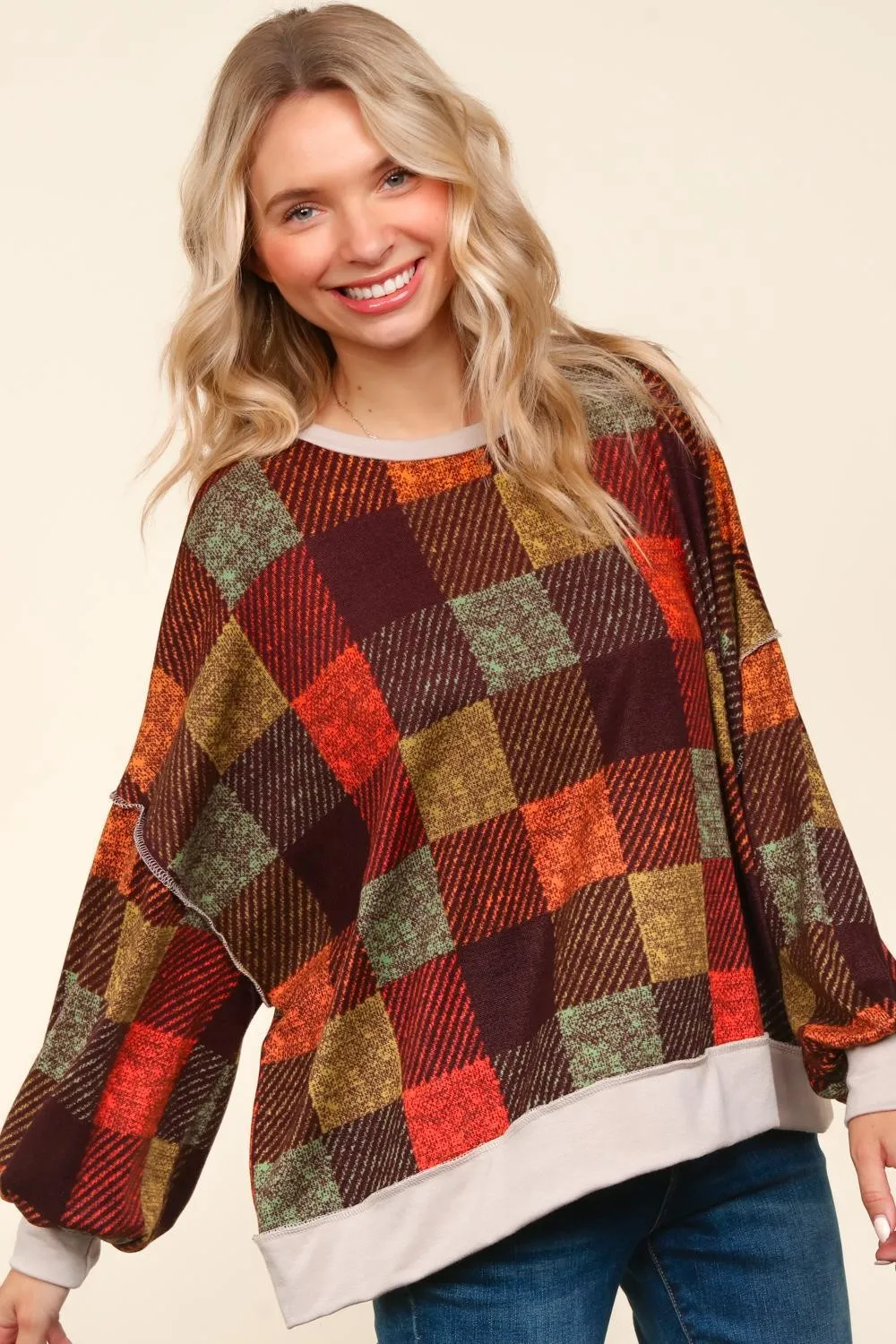 DROP SHOULDER COLOR BLOCK PLAID CHECK PRINT